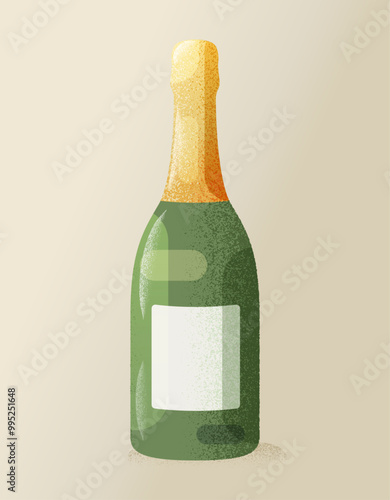 Illustration d'une bouteille de champagne verte avec une étiquette à personnaliser, dessin avec une texture grain, vecteur pour producteur de vin, carte d'anniversaire, faire-part de mariage
