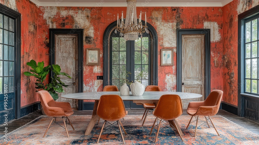 Obraz premium Modern dining room with vibrant walls and stylish furniture.