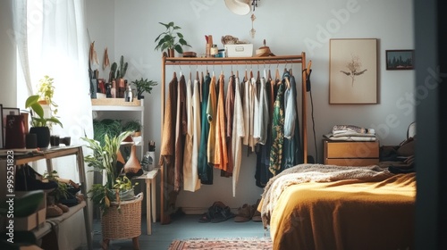 Bright and cozy studio apartment with a clothes rack, hanging trendy outfits, and stylish decor accents. Urban living vibes.