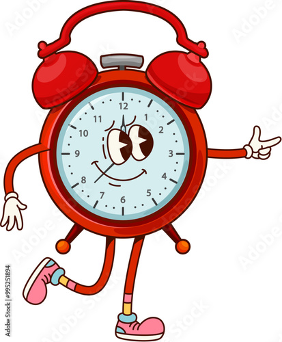 School alarm clock groovy character. Cartoon vector cheerful retro personage in stylish shoes conveys a sense of fun and punctuality for time management, school routines, and lively morning starts