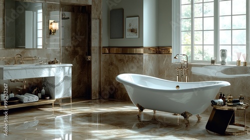 Elegant bathroom featuring a freestanding tub and luxurious decor.