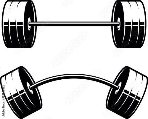 Illustration of barbell engraving style. Design element for logo, emblem, sign, poster, card, banner. Vector illustration
