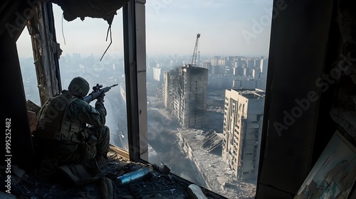 Sniper Perched in High Rise Building Surveying the Urban Battlefield Below Prepared to Execute a Critical Mission or Tactical photo