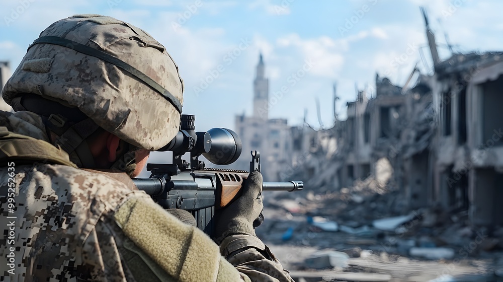 Soldier aiming rifle scope focused on target in the midst of a damaged urban landscape with destroyed buildings and infrastructure signifying a crisis or conflict situation Soldier aiming rifle scope focused on target in the midst of a damaged urban landscape with destroyed buildings and infrastructure signifying a crisis or conflict situation