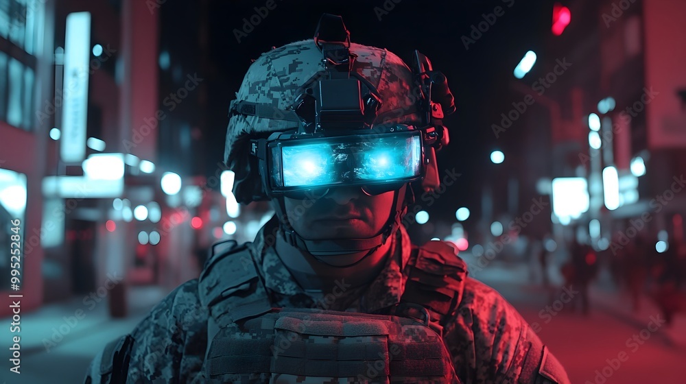 Soldier wearing night vision goggles and equipped for a tactical nighttime in a dimly lit city street conducting surveillance or reconnaissance in an urban combat scenario Soldier wearing night vision goggles and equipped for a tactical nighttime in a dimly lit city street conducting surveillance or reconnaissance in an urban combat scenario