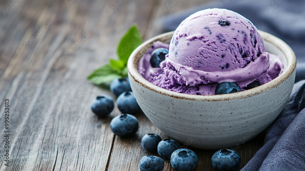 Closeup of a bowl of blueberry ice cream with fresh blueberries. Closeup of a bowl of blueberry ice cream with fresh blueberries.