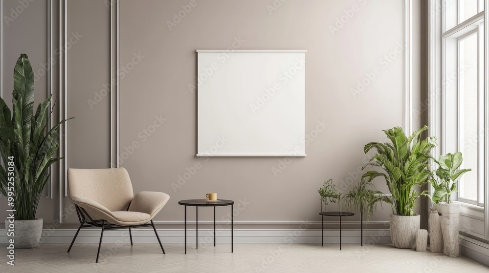 Contemporary room with blank poster on neutral wall, sleek furniture, and minimalist decor. Ideal for artwork mock-up. Contemporary room with blank poster on neutral wall, sleek furniture, and minimalist decor. Ideal for artwork mock-up.