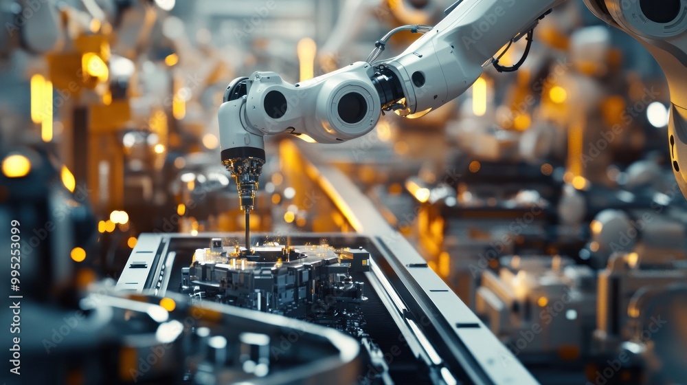 A robotic arm assembling components in a high-tech industrial environment. A robotic arm assembling components in a high-tech industrial environment.