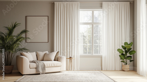 single panel white curtains and white sofa in the morning photo