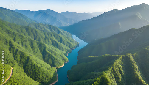 Magnificent scenery of Lin'an mountain area in Zhejiang, aerial view from high altitude reveals the beauty of nature photo