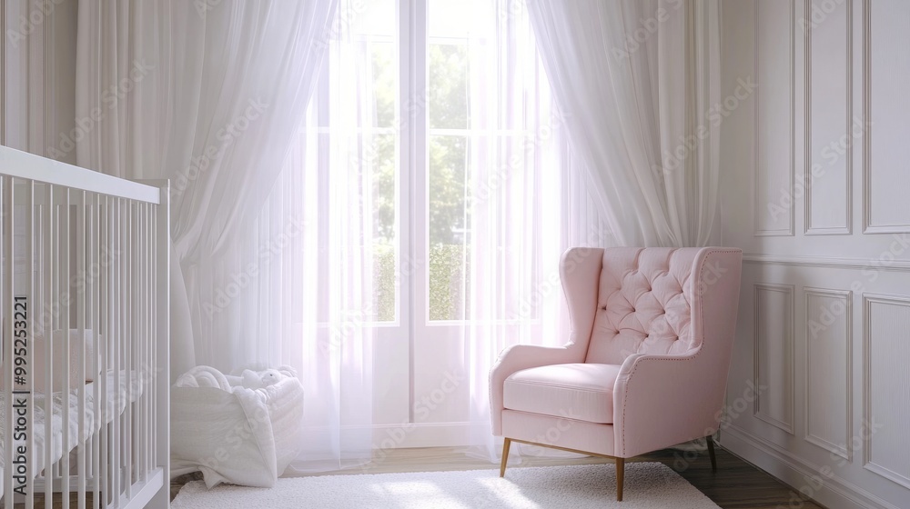 Elegant baby room design with pastel walls, a pink armchair, white crib, and sheer curtains. Serene and soft atmosphere. Elegant baby room design with pastel walls, a pink armchair, white crib, and sheer curtains. Serene and soft atmosphere.