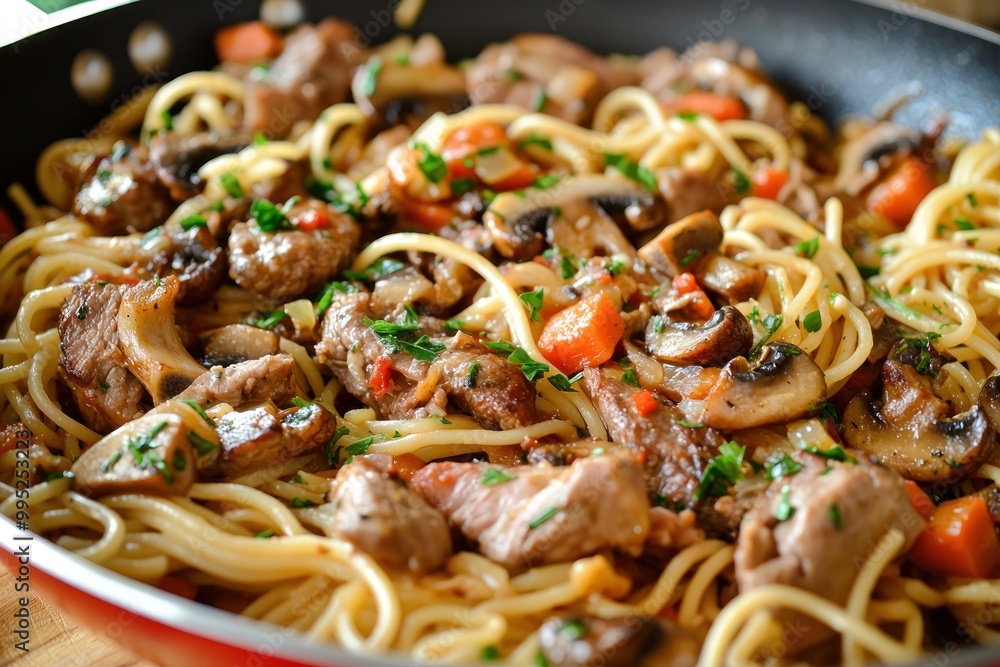 Meat and mushroom pasta in a large pan. Delicious food photography. Appetizing spaghetti noodles, mixed fresh vegetables, rich chicken sauce, tender steak. Close-up. Meat and mushroom pasta in a large pan. Delicious food photography. Appetizing spaghetti noodles, mixed fresh vegetables, rich chicken sauce, tender steak. Close-up.