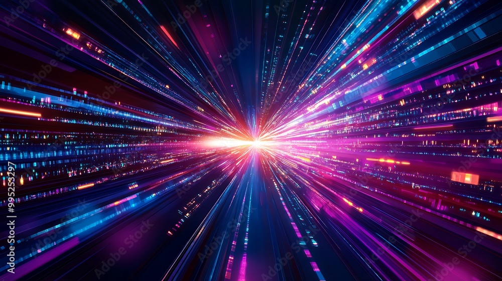 Fototapeta premium Abstract digital background with bright light streaks in blue, purple, and orange.