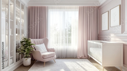 Elegant baby room design with pastel walls, a pink armchair, white crib, and sheer curtains. Serene and soft atmosphere.