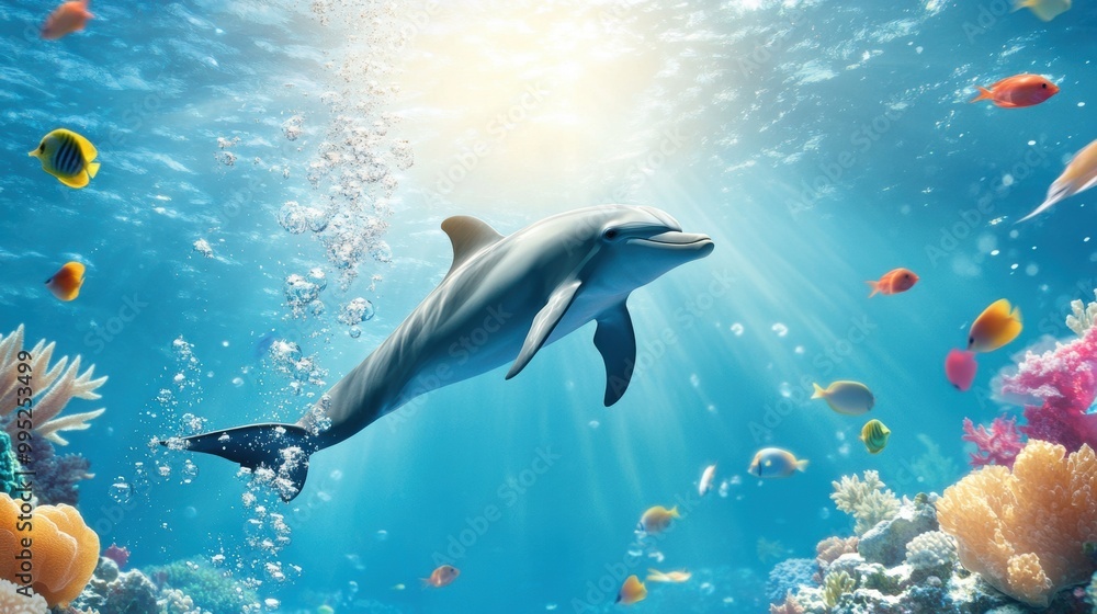Obraz premium Dolphin Swimming in Vibrant Underwater Coral Reef