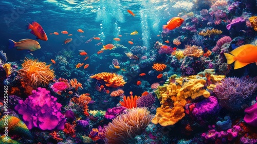 A vibrant coral reef teeming with colorful marine life