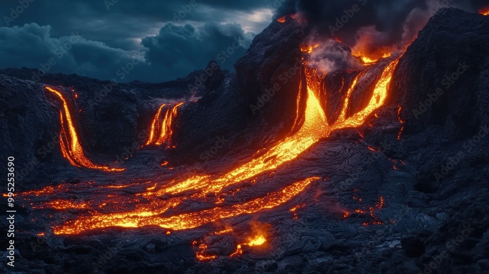 Volcanic Eruption: Lava Flows Down Mountainside at Night Volcanic Eruption: Lava Flows Down Mountainside at Night