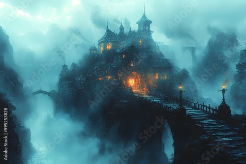 Haunted pirate hideout, glowing treasure, eerie mist, Watercolor style