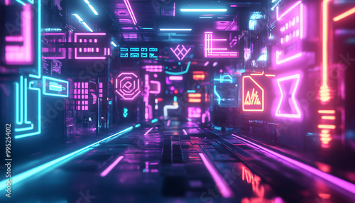  Bright, glowing neon signs in various shapes and colors, with a futuristic, cyberpunk-style backdrop