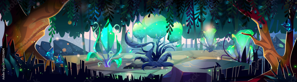 Fototapeta premium Magic forest with fantasy glowing flowers and plants. Cartoon vector illustration of alien dreamland scenery with mystic spooky creatures. Game ui level design with mysterious garden for adventure.