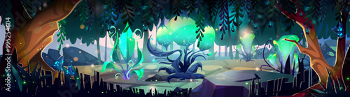 Magic forest with fantasy glowing flowers and plants. Cartoon vector illustration of alien dreamland scenery with mystic spooky creatures. Game ui level design with mysterious garden for adventure.