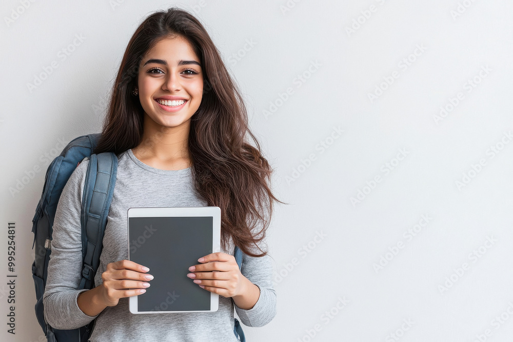 young indian female student holding tablet on white background young indian female student holding tablet on white background
