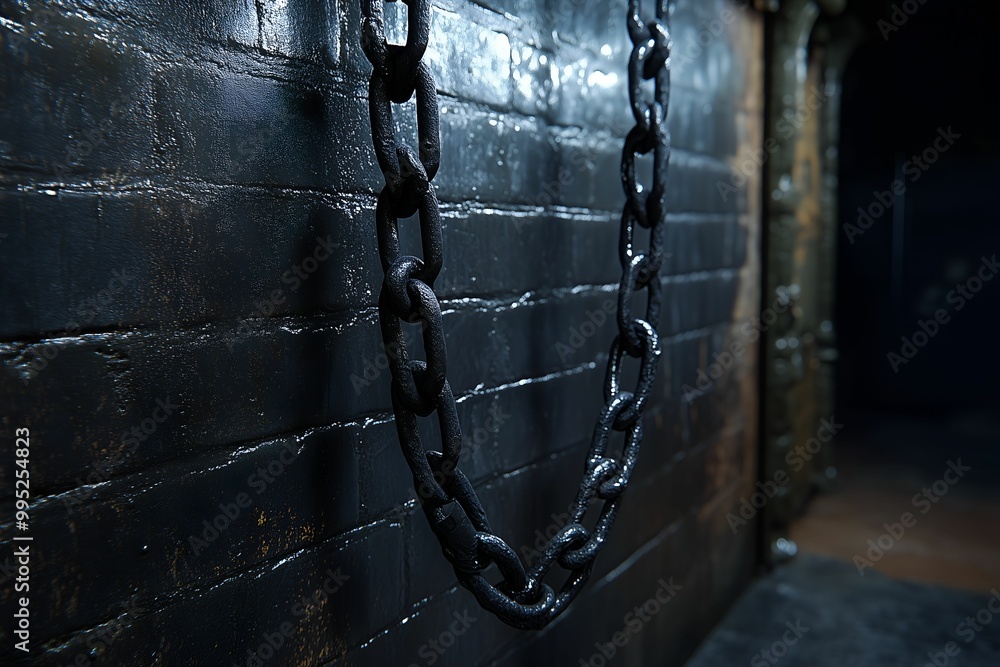 A close-up of a dark, rusty black chain hanging against a textured wall, evoking feelings of confinement and abandonment. A close-up of a dark, rusty black chain hanging against a textured wall, evoking feelings of confinement and abandonment.