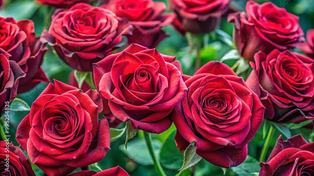 Full-bloom dark red roses symbolize love and passion, painting a romantic picture in nature's vibrant palette, Full-bloom dark red roses symbolize love and passion, painting a romantic picture in nature's vibrant palette,