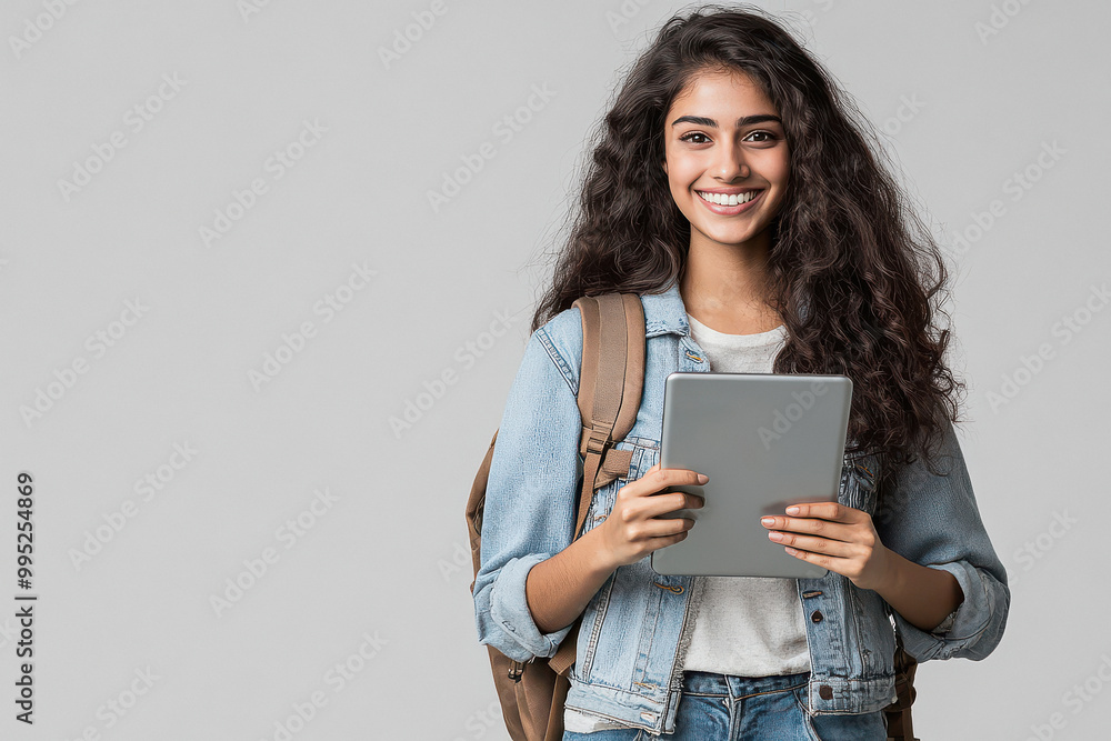 young indian female student holding tablet on white background