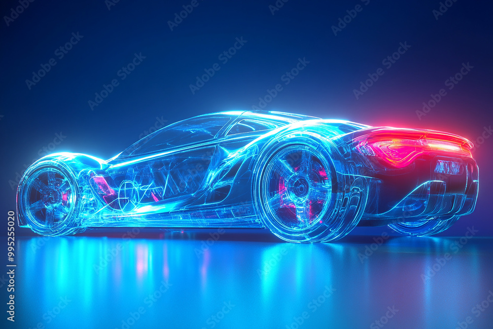 hyper realistic Futuristic AR conceptual car digital wireframe car concept with blue background generated by AI