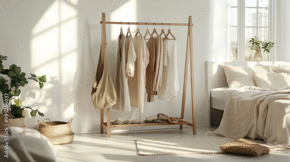 Minimalist bedroom with a wooden clothes rack, hanging neutral-colored clothes, and simple decor. Bright and airy space.