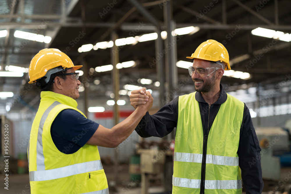 Two male engineer join hands together in industry factory. Finished, completed work concept Two male engineer join hands together in industry factory. Finished, completed work concept
