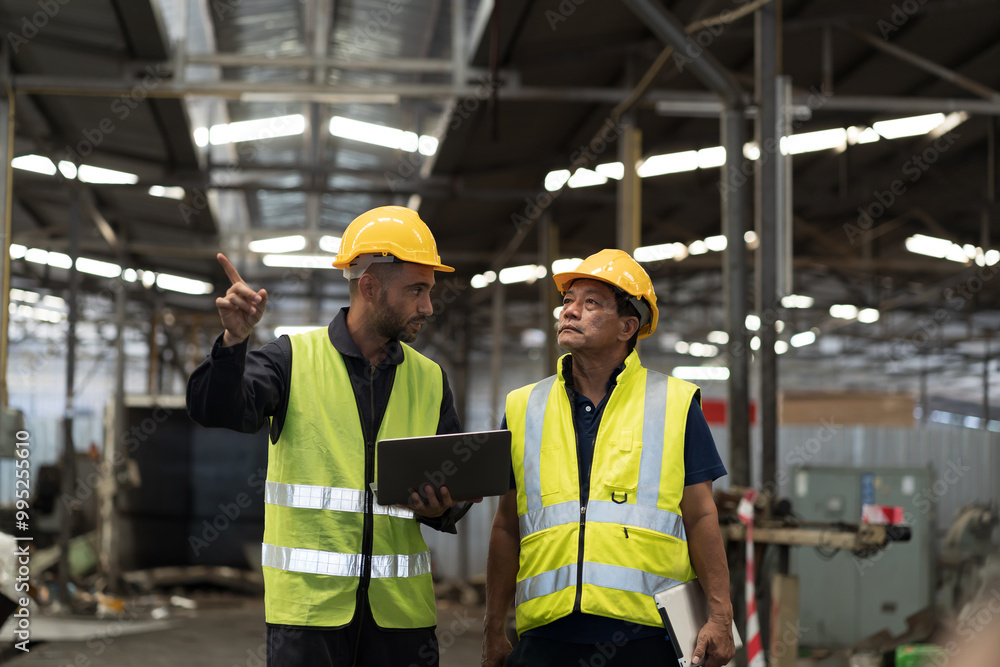 Two male engineer worker discuss and working together in industry factory. Male engineer repairing or maintenance CNC machine in factory Two male engineer worker discuss and working together in industry factory. Male engineer repairing or maintenance CNC machine in factory