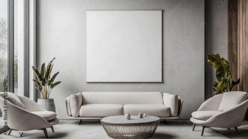 Minimalist modern living room with blank wall poster and stylish furniture in neutral tones. Perfect for mock-up designs. Minimalist modern living room with blank wall poster and stylish furniture in neutral tones. Perfect for mock-up designs.