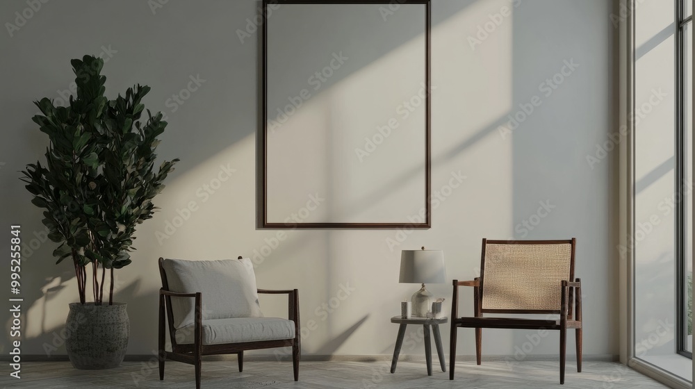 Minimalist modern room with empty wall poster, cozy decor, and elegant furniture. Ideal for mock-up display. Minimalist modern room with empty wall poster, cozy decor, and elegant furniture. Ideal for mock-up display.