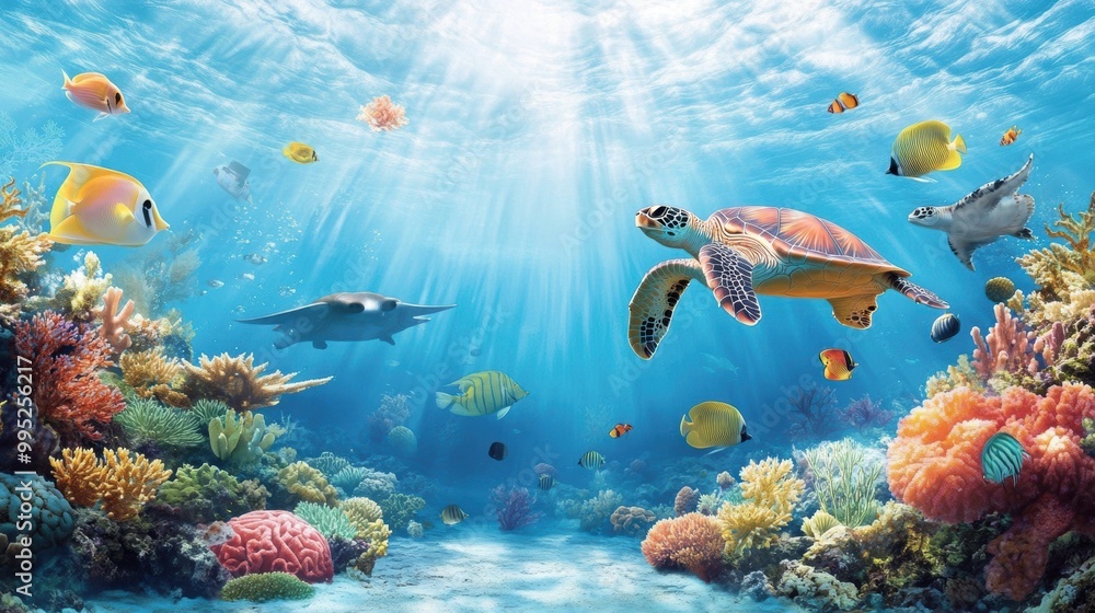 Naklejka premium Vibrant Underwater Scene with Sea Turtles and Coral Reefs