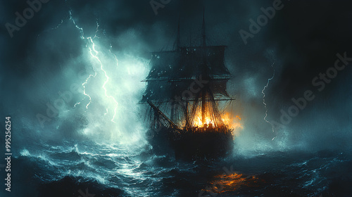 Pirate ghost ship, sailing through a lightning storm, cursed crew, Watercolor style