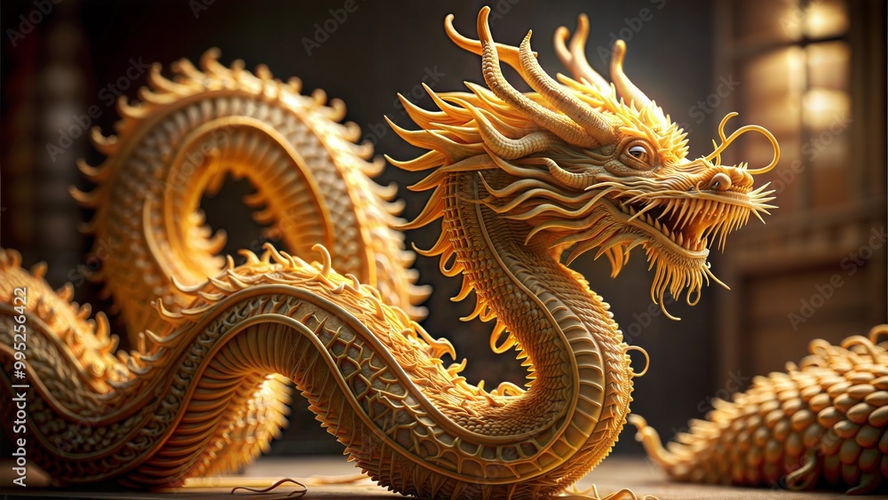 An intricately designed golden dragon sculpture with majestic features made with noodles, showcasing Asian artistry and cultural significance, set against a warm, inviting background. An intricately designed golden dragon sculpture with majestic features made with noodles, showcasing Asian artistry and cultural significance, set against a warm, inviting background.