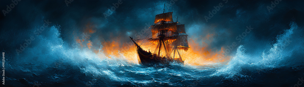 Obraz premium Pirate ghost ship, trapped in an eternal storm, cursed crew, Watercolor style