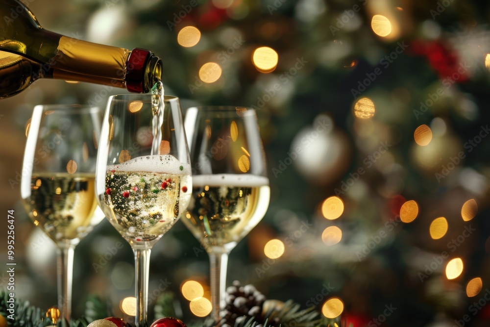 Fototapeta premium Pouring two glasses of white wine from a bottle with a holiday theme and copyspace