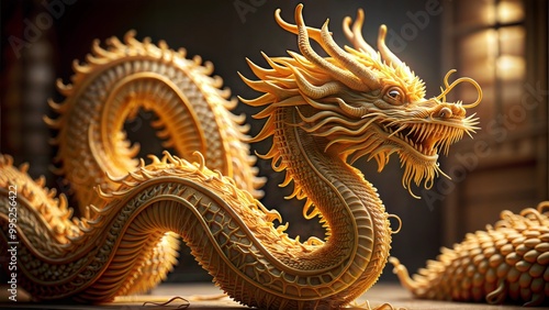 Wallpaper Mural An intricately designed golden dragon sculpture with majestic features made with noodles, showcasing Asian artistry and cultural significance, set against a warm, inviting background. Torontodigital.ca