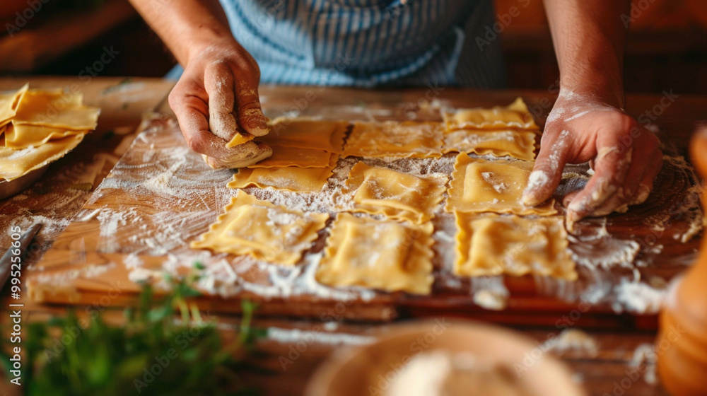 Cooking healthy Italian cuisine food gourmet preparation meal. Woman human chef making homemade ravioli or tortellini from fresh ingredient Cooking healthy Italian cuisine food gourmet preparation meal. Woman human chef making homemade ravioli or tortellini from fresh ingredient
