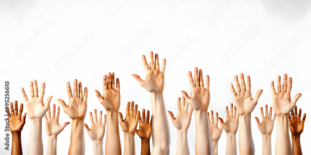 3D Raised Hands on Plain White Background - Human Rights Day Concept with Ample Copy Space for Messages and Activism Focus 3D Raised Hands on Plain White Background - Human Rights Day Concept with Ample Copy Space for Messages and Activism Focus