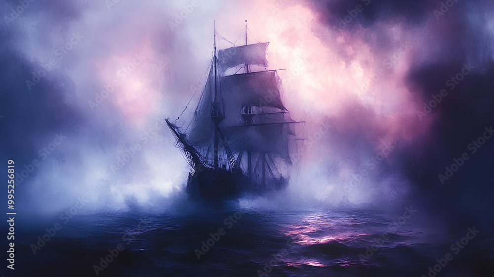Ghostly pirate ship, emerging from the depths, eerie fog, Watercolor style Ghostly pirate ship, emerging from the depths, eerie fog, Watercolor style
