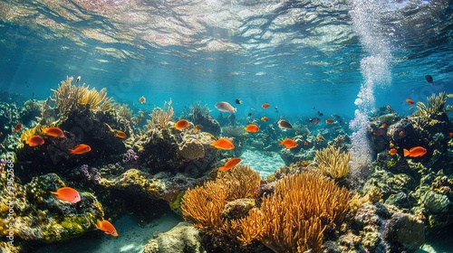 A vibrant coral reef teeming with tropical fish in crystal-clear waters photo