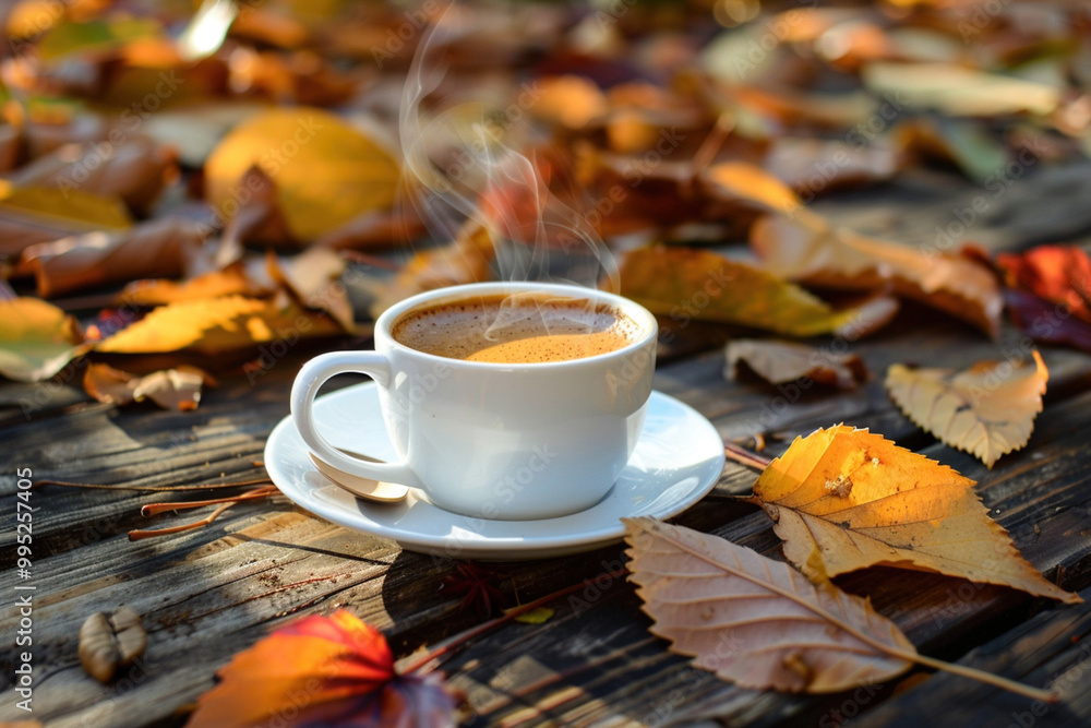 Cozy cold autumn breakfast day concept. Mug cup of hot coffee cappucinno drink with steam in autumn yellow leaves Cozy cold autumn breakfast day concept. Mug cup of hot coffee cappucinno drink with steam in autumn yellow leaves
