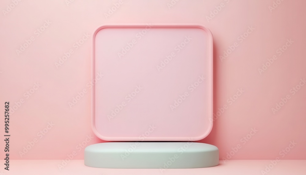 A minimalist display featuring a soft pink square on a light green platform against a pastel pink background. A minimalist display featuring a soft pink square on a light green platform against a pastel pink background.
