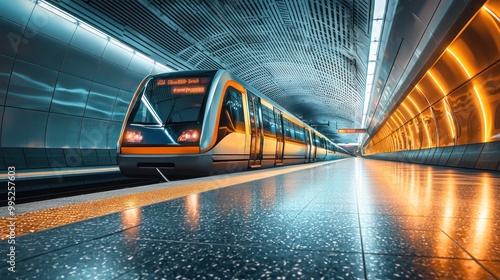 a modern subway train arriving at a clean, well-lit station. photo