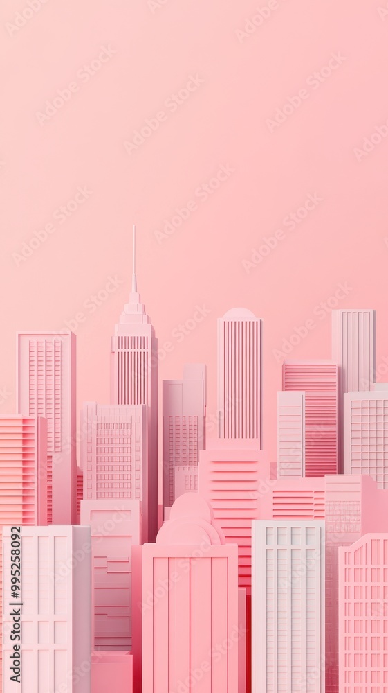 Obraz premium A whimsical pink skyline illustration featuring skyscrapers and buildings, creating a dreamy urban landscape.
