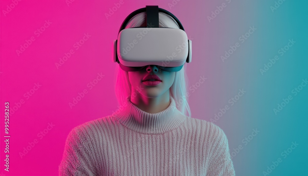 A young woman wearing a virtual reality headset, surrounded by vibrant pink and blue lighting, creating a futuristic and immersive atmosphere. A young woman wearing a virtual reality headset, surrounded by vibrant pink and blue lighting, creating a futuristic and immersive atmosphere.